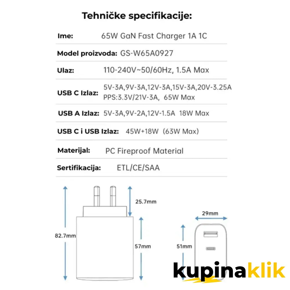 65W brzi USB-C/Type-C punjač - USB-C/Type-C adapter