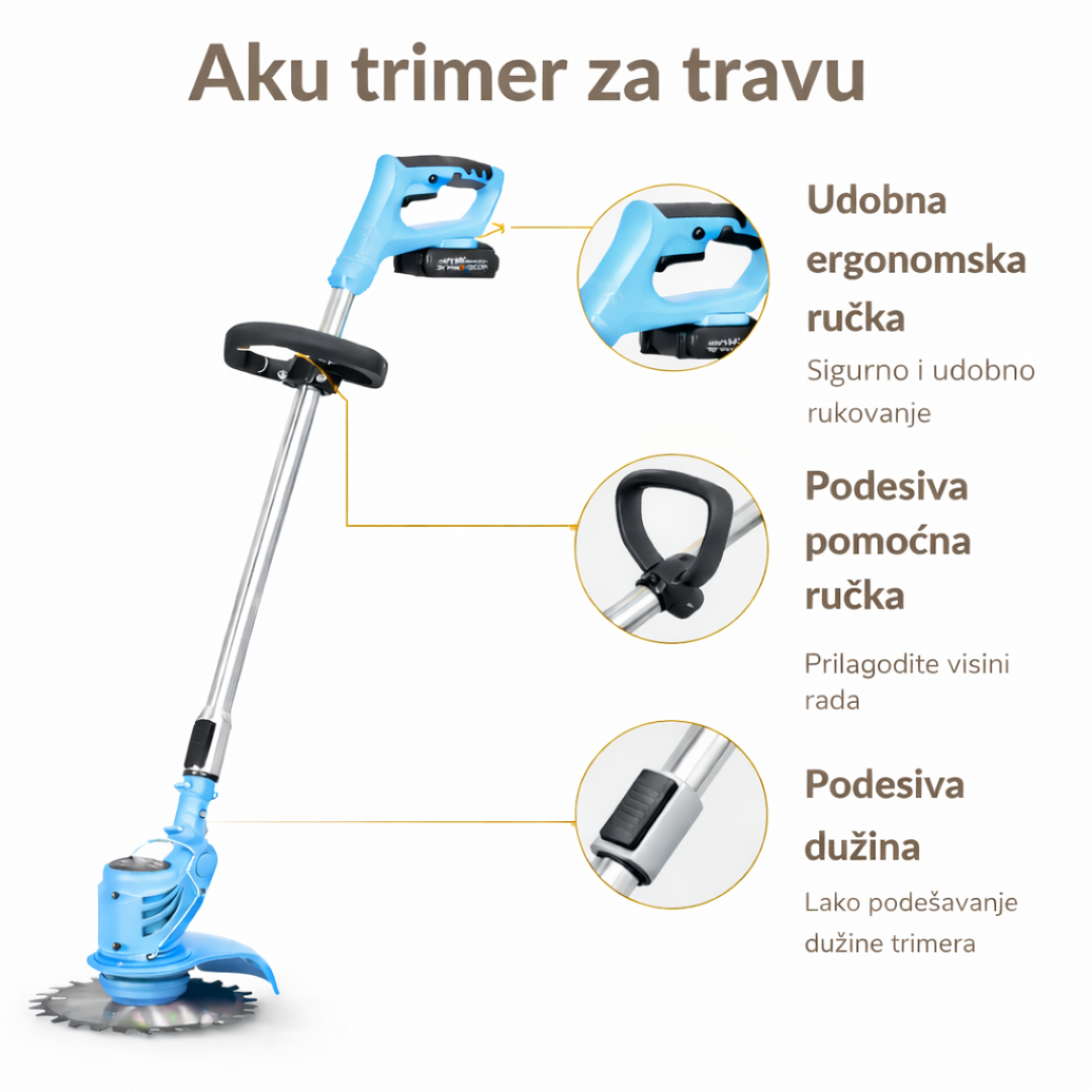 Aku trimer za travu sa točkićima + 2 baterije u setu