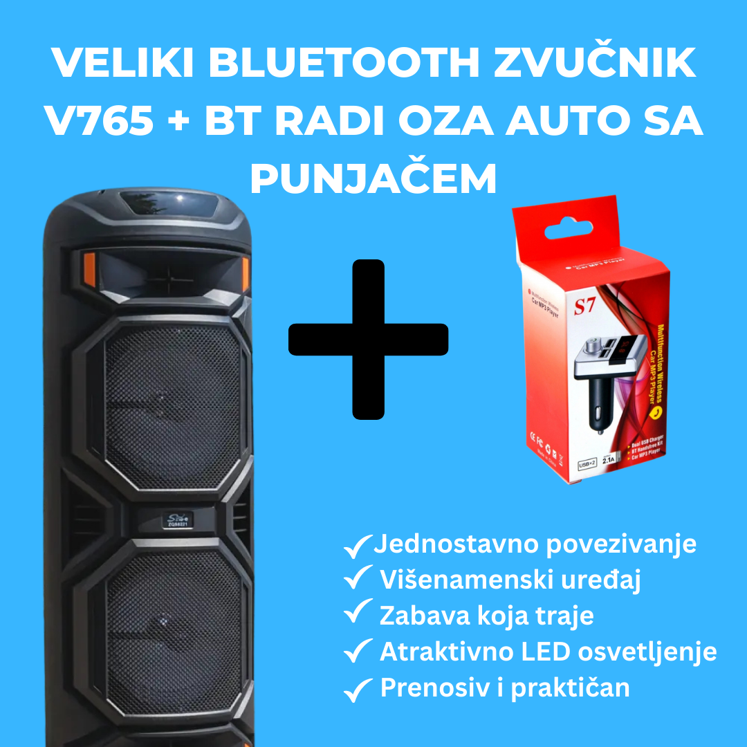 VELIKI BLUETOOTH ZVUČNIK V765 + BT Radio za auto sa punjačem