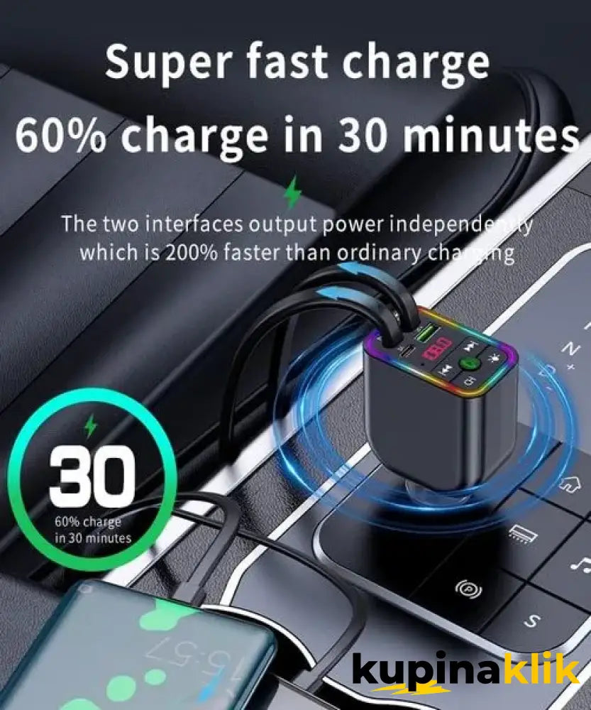 FM Transmiter Za Auto Sa Brzim Punjačem — 4u1 Bluetooth 5.3