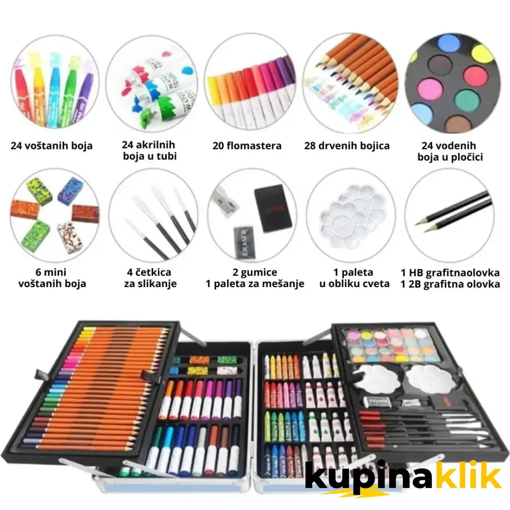 Metalni kofer sa bojicama i flomasterima - set 145 kom