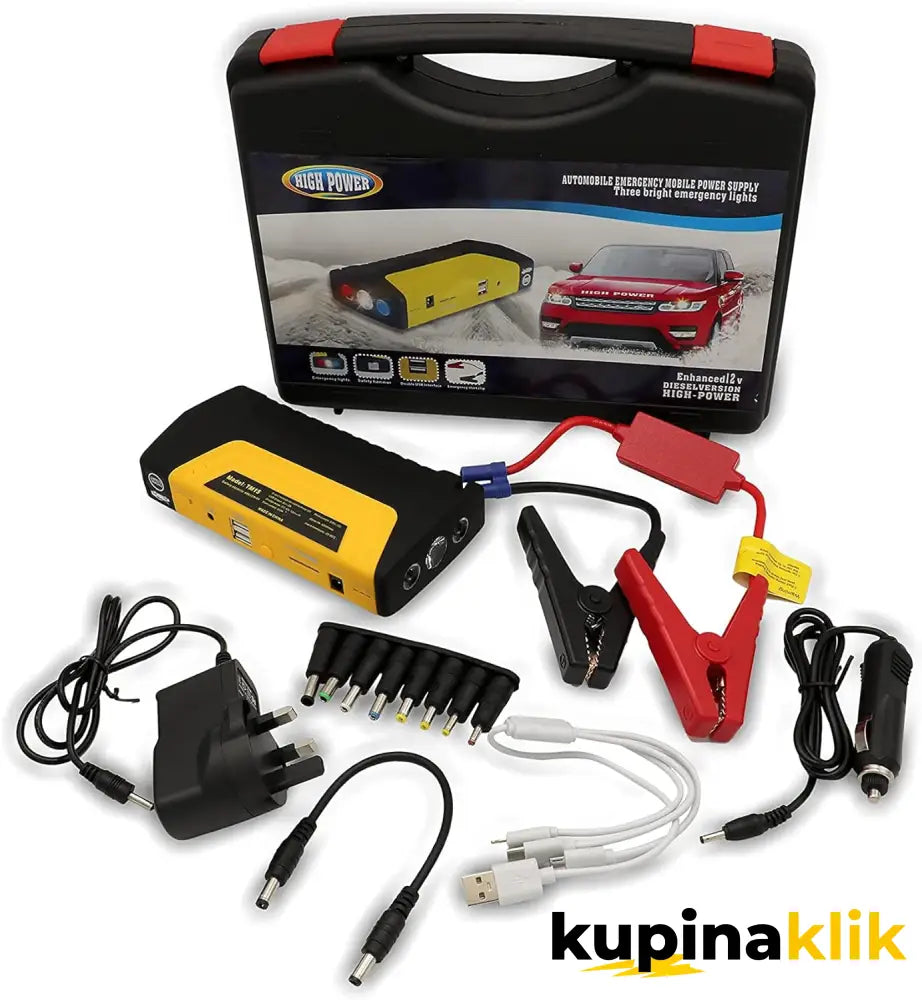 Prenosivi multifunkcionalni starter i punjač – 12000mAh (DODACI ZA PUNJENJE + NANO SPREJ + KOFER)