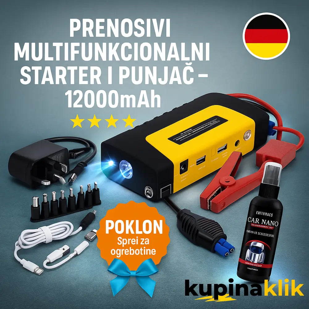 Prenosivi multifunkcionalni starter i punjač – 12000mAh (DODACI ZA PUNJENJE + NANO SPREJ + KOFER)