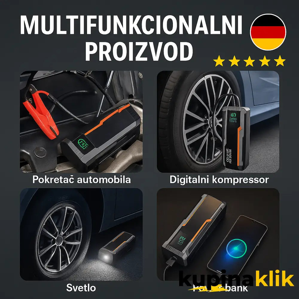 Starter sa kompresorom powerbank i lampa + KOFER + NANO SPREJ ZA OGREBOTINE