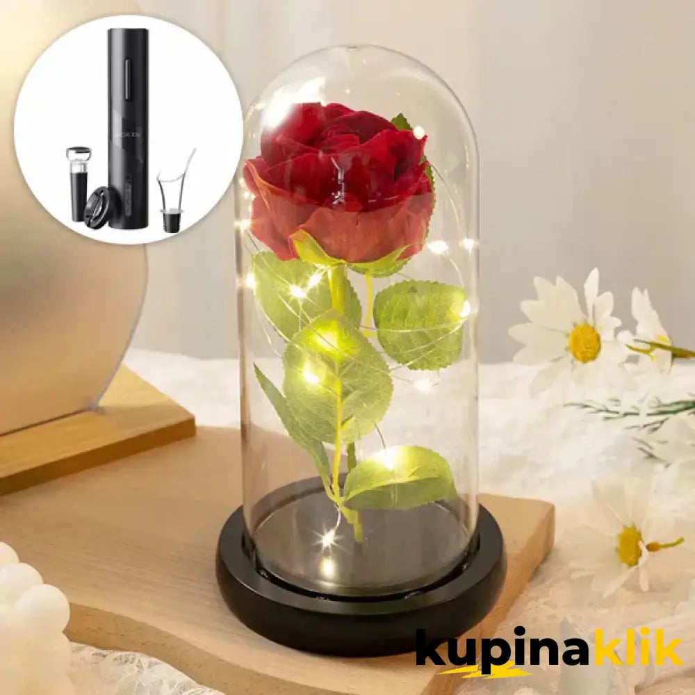 Svetleća zastakljena ruža + Električni otvarač za vino PAPAJA ROMANTIC COMBO