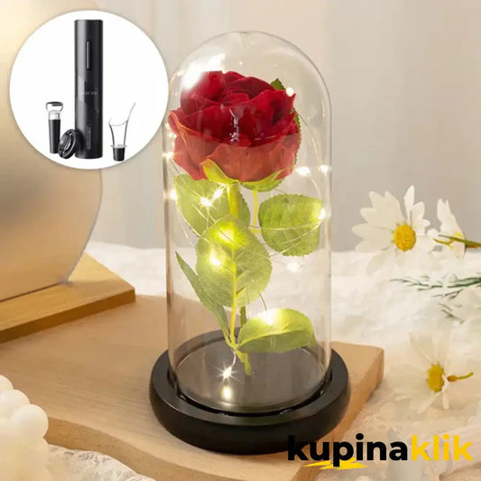 Svetleća zastakljena ruža + Električni otvarač za vino PAPAJA ROMANTIC COMBO